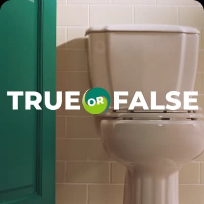 Text "True or False" overlaid on an image of a toilet with a green stall door.