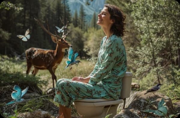 A woman in pajamas sits joyfully on an outdoor toilet surrounded by butterflies and a deer.