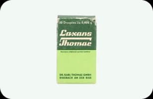Green and white packaging of Laxans Thomae, 50 dragées à 0,005 g.