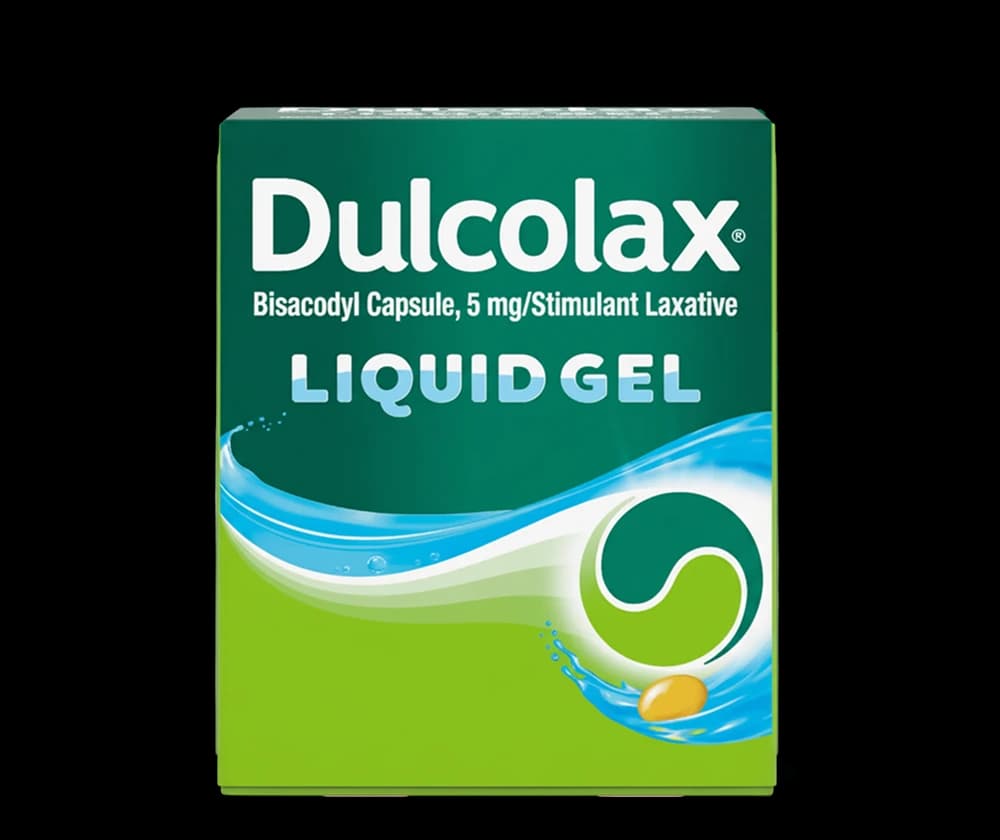 Dulcolax Liquid Gel Laxative box, Bisacodyl 5 mg, promotes natural gut rhythm.