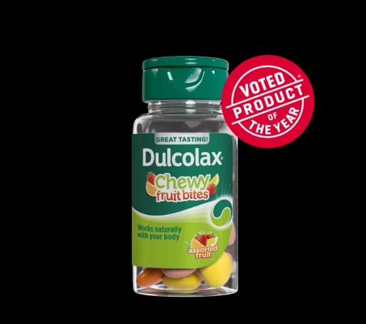 Dulcolax Chewy Fruit Bites bottle with "Voted Product of the Year" badge.
