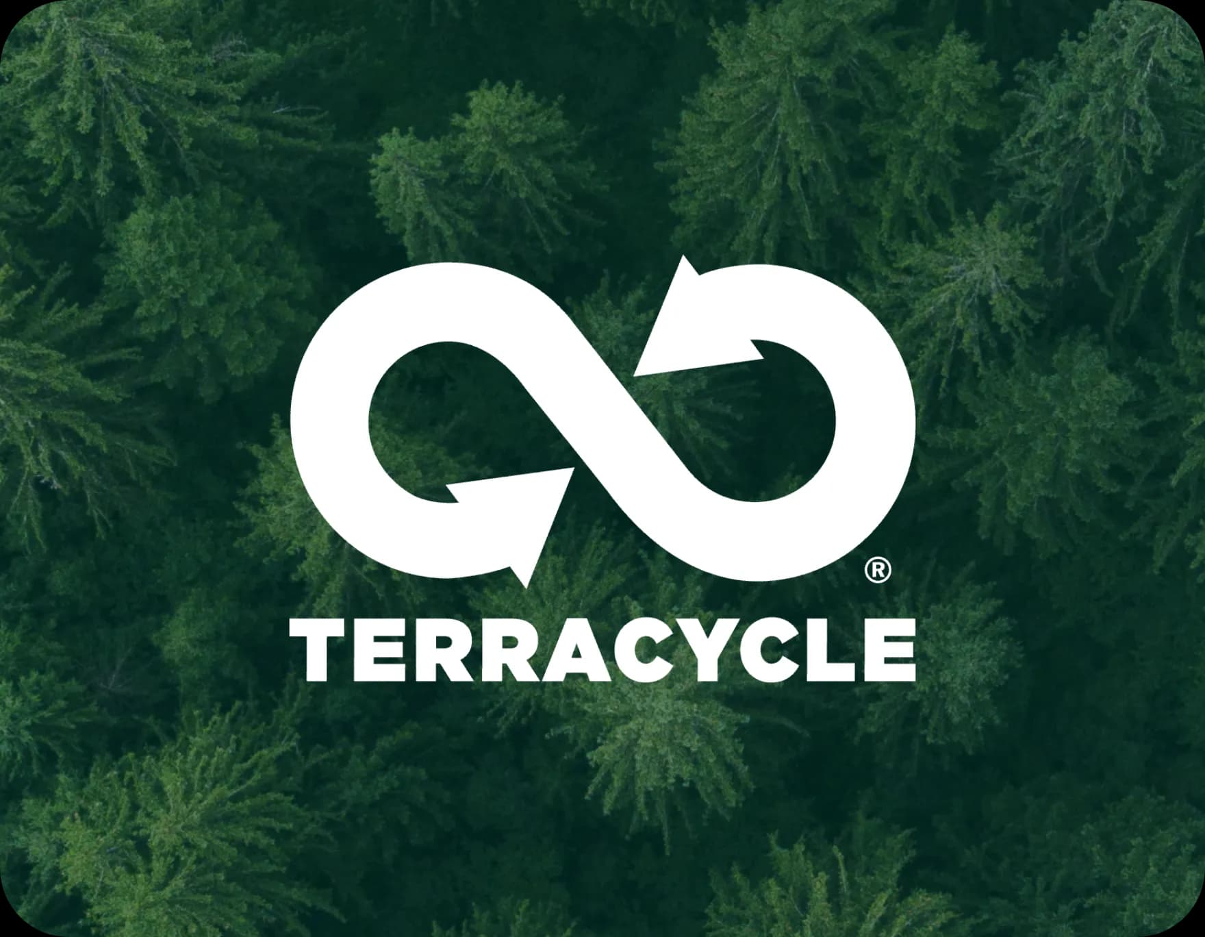 Terracycle logo with recycling symbol over aerial forest view.
