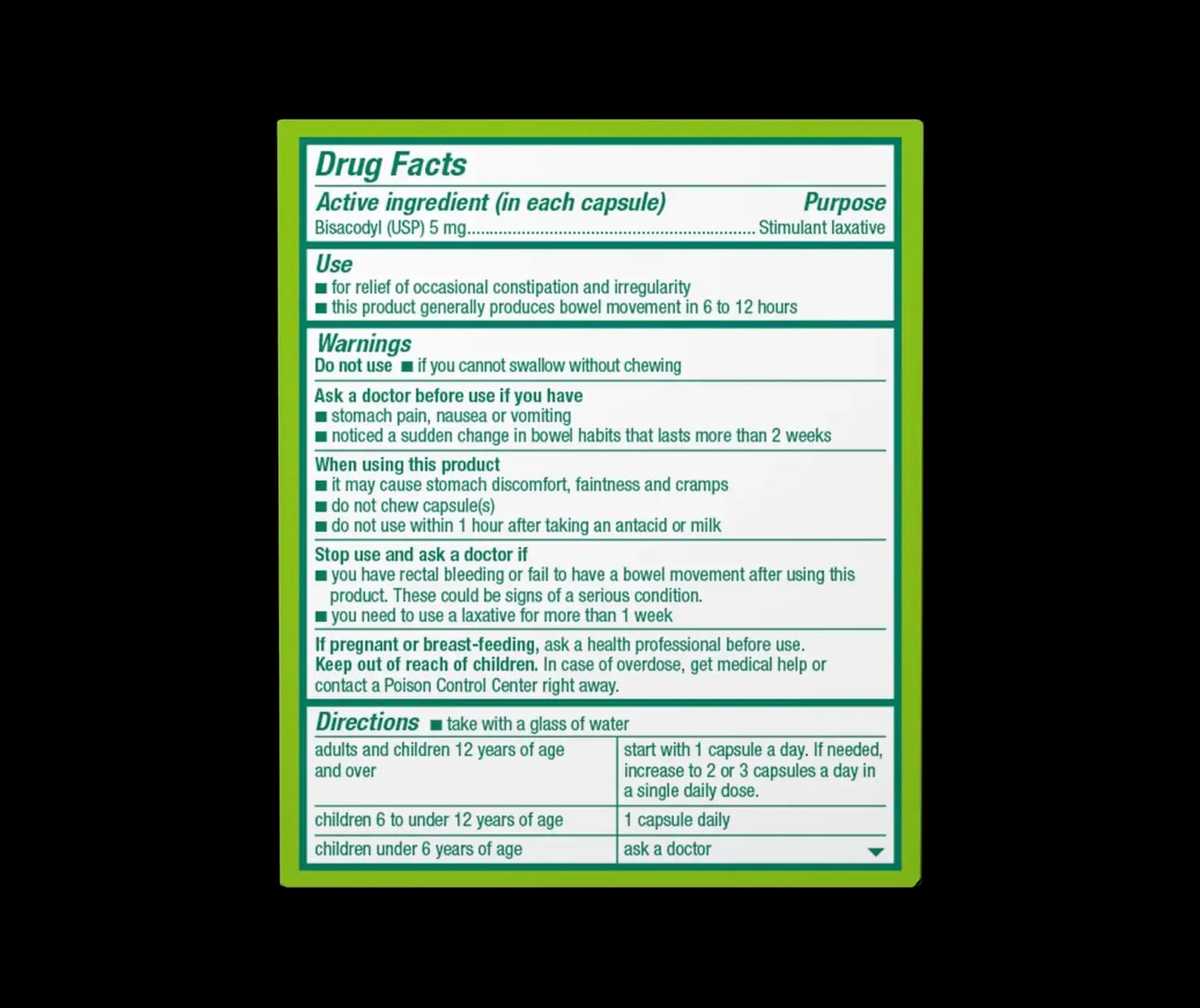 Drug Facts label for Bisacodyl laxative, 5 mg capsules, with uses, warnings, and dosage instructions.